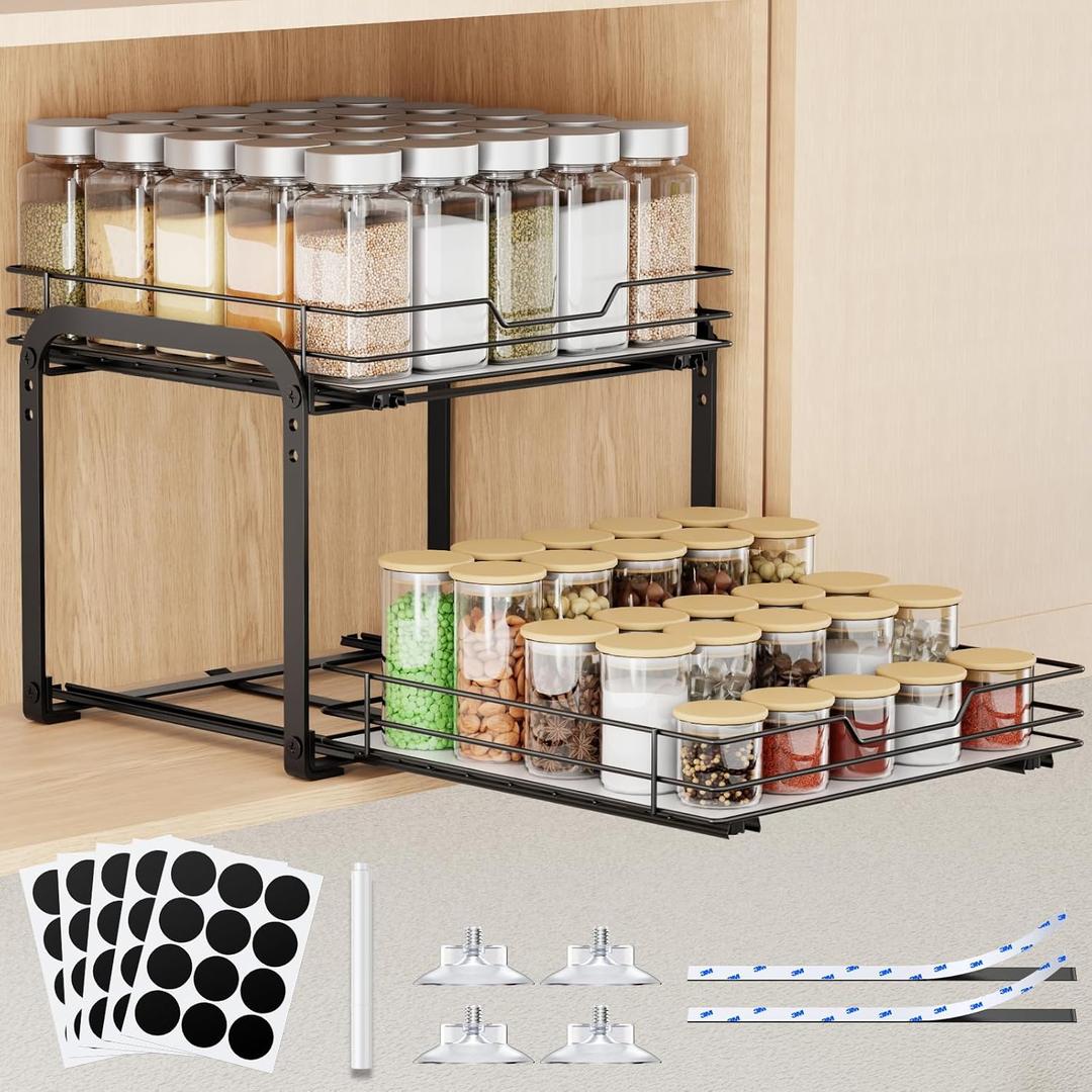 Spice Rack Organizer for Cabinet, 2 Tier Pull Out Spice Rack  Heavy Duty Metal Spice Organization for Cabinet, 50-Jar Capacity, Height Adjustable Cabinet Organizer (11.5W" X 10.5"D X 9"H, Black)