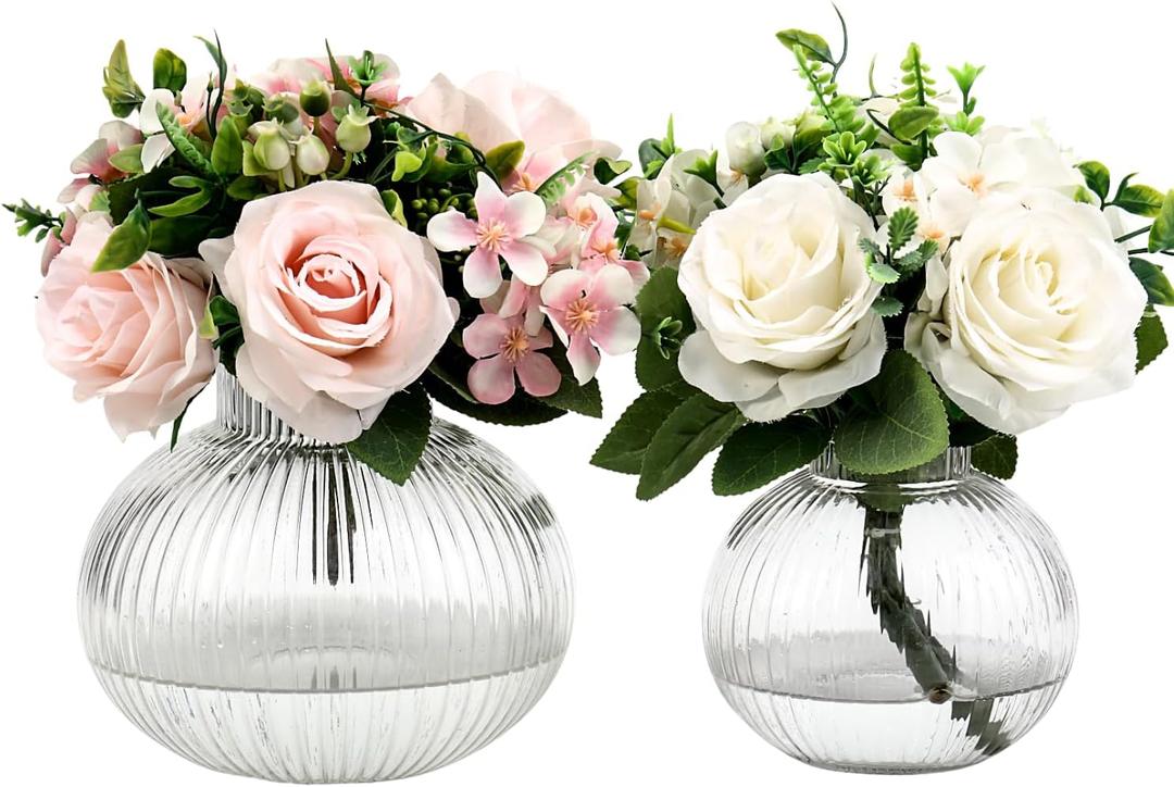 Round Glass Vases Set of 2, Flower Vases for Bouquet, Ribbed Glass Vase for Flowers, Small Clear Vase for Living Room, Office, Coffee Table, Shelf, Wedding