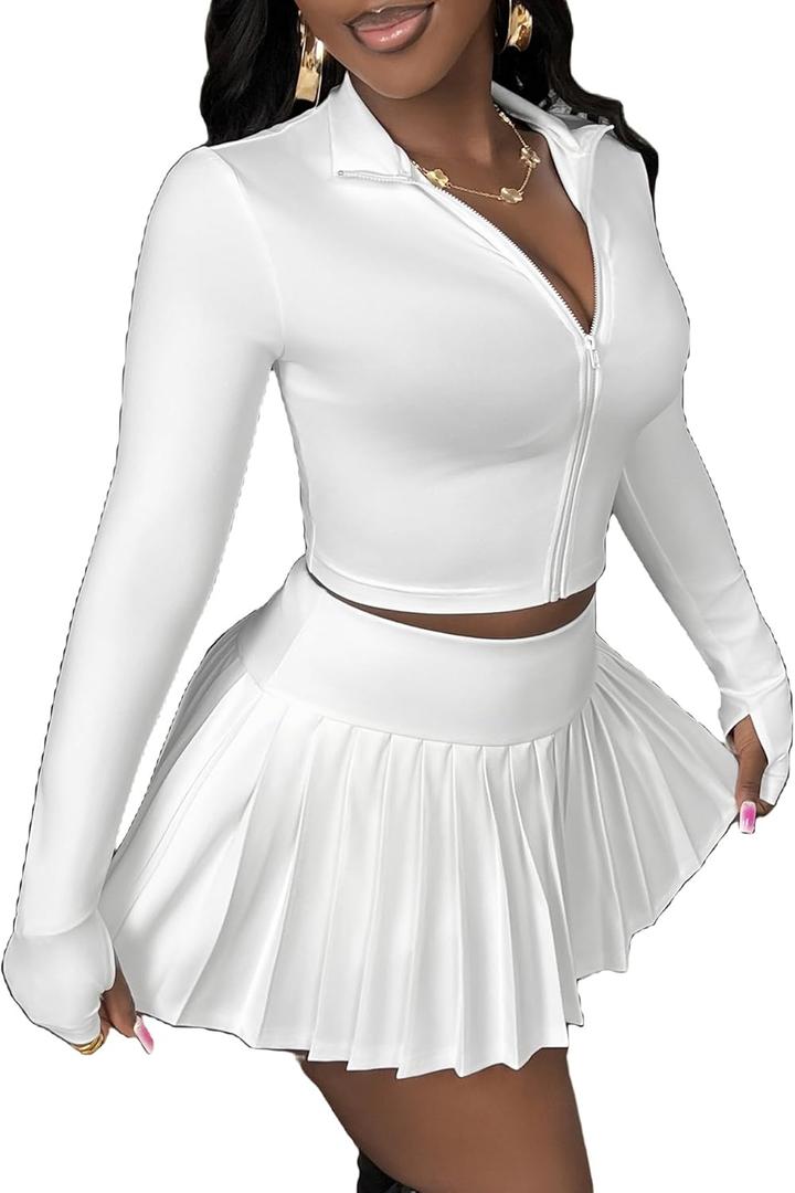 SOLY HUX Women's Skirt Sets 2 Piece Outfits Long Sleeve Crop Top with Pleated Mini Skirt Set Activewear Party Outfits for Women Plain White X-Large