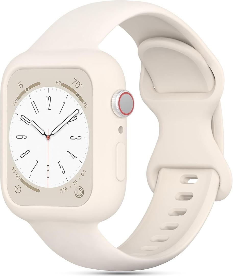 Silicone Bands Bumper Case Compatible with Apple Watch Band 38mm 40mm 41mm 42mm 44mm 45mm 46mm 49mm Women Men, Sport Strap Protective Cover Wristband for iWatch Ultra Series 11 10 9 8 SE 7 6 5 4 3 2 1 (Starlight)