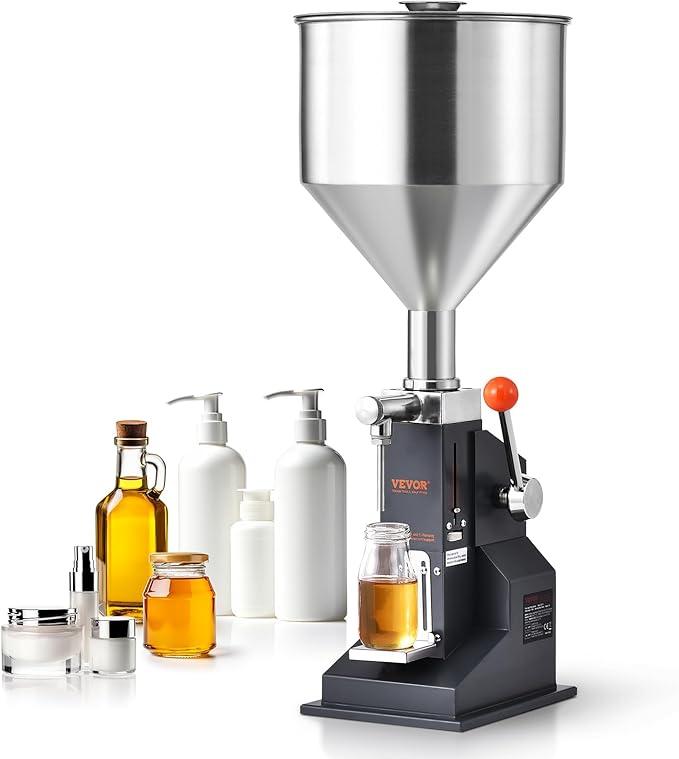Manual Paste Liquid Filling Machine, Adjustable Bottle Filling Machine, Stainless Steel Liquid Filler with  Hopper for Milk Water Juice Essential Oil Shampoo Cosmetic Honey