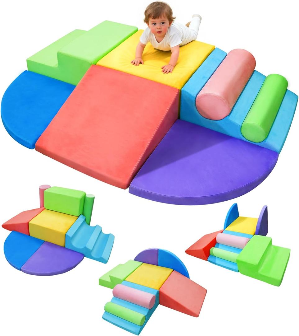 Teckid Toddler Climbing Toys 8-Piece Indoor Soft Foam Blocks Set, Safe Crawling, Climbing and Sliding Play Gym for Kids, Baby Climbing Playset