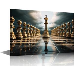 TUMOVO 1Panels Golden Chess Piece Pictures for Living Room King and Knight Picture Painting Canvas Art House Decor Modern Office Wall Decor Framed Large Wall Art for Home Bedroom 36x24in, 24"Wx36"H