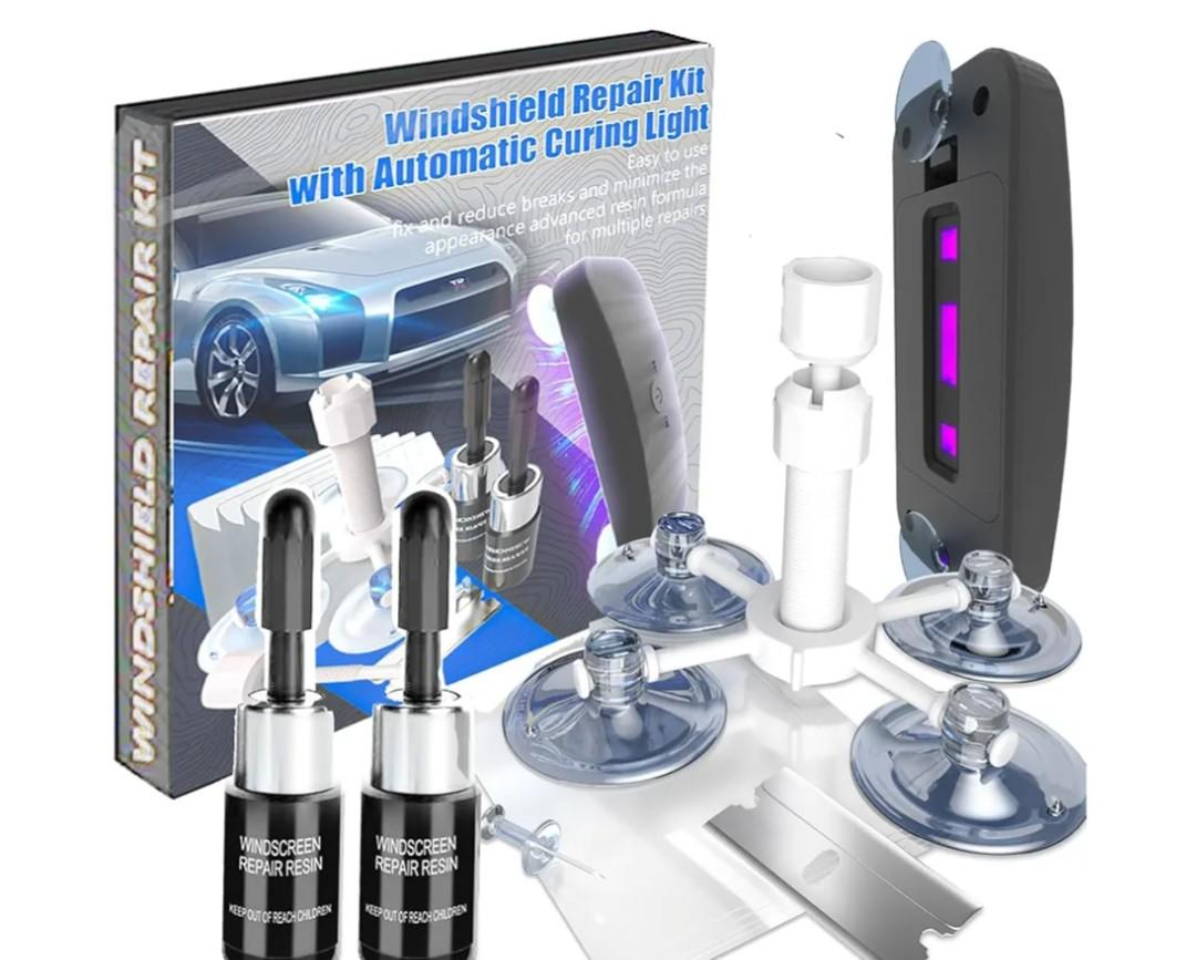 BLUTOKS Windshield Repair Kit, 2 PCS Windshield Crack Repair Kit with Suction Cup Curing Light, Automotive Nano Fluid Vehicle Windscreen Tool, Glass Repair Kit for Chips and Cracks