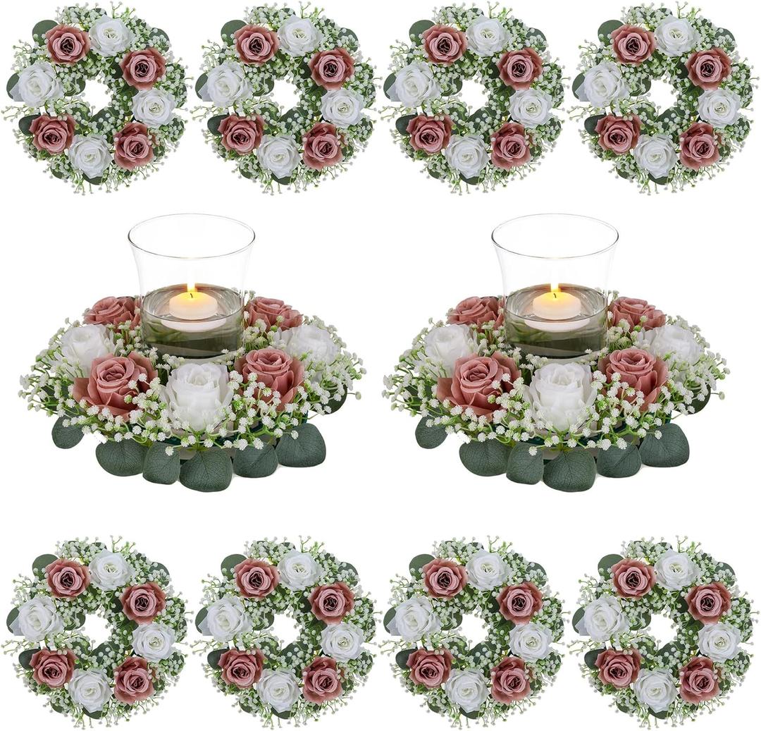BLOSMON Wedding Flower Rings Centerpiece: 10 Pcs 14 Inch Diam Large Dusty Pink White Rose Babys Breath Fake Flowers Candle Rings Wreaths for Home Party Table Decor Artificial Spring Floral Wreath
