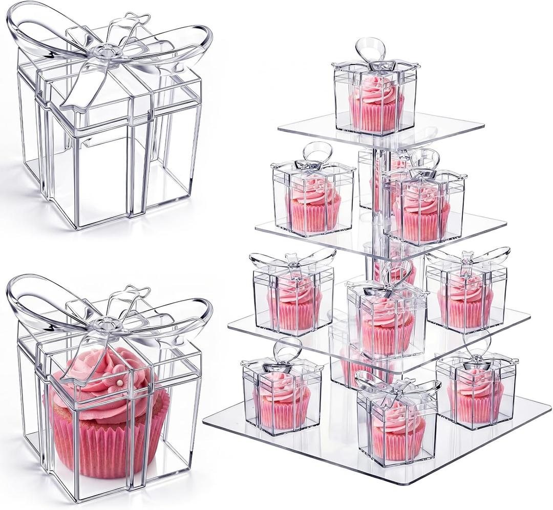 Novabright 24 Pcs Mini Clear Gifts Boxes with Bow 2.3x2.3x2.3 Inches Plastic Individual Wedding Cupcake Boxes for Baby Shower Birthday Candy Snack Treats Party Favors Decorations