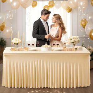 PARTISKY Champagne Spandex Tablecloth for 8ft Rectangle Tables, Stretchable Table Cover Skirt for Folding Tables Weddings Parties Banquets Events Trade Shows and Dessert Table 96" x 30" (Rectangular)