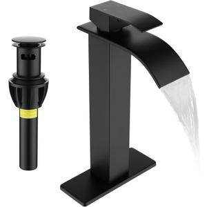 Fransiton Tall Vessel Sink Faucet Matte Black Faucet for Bathroom Sink Tall Waterfall Bathroom Faucet Single Handle 1 or 3 Hole Wash with Pop-up Drain