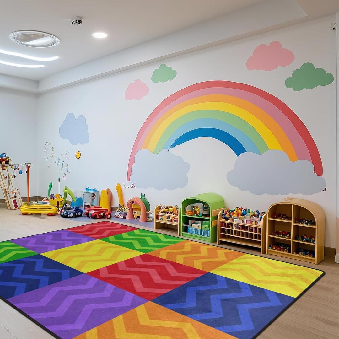 Kids Playmat Rug, Soft Classroom Seating Area Rugs - 6x9 Ft Nursery Carpet with Rubber Backing, Colorful Checkered Rug Suitable for Preschool, Artroom, Library and Reading Area, Multicolor