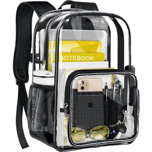 Clear Backpack Transparent Heavy Duty Bookbag See Through Bag with Reinforced Bottom for College, Travel, Workplace Security - Black
