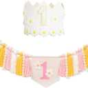 First Birthday High Chair Banner Decorations for Girl,Daisy First Crown Hat,Baby Girl 1st Birthday Decorations Tassel Garland High Chair Banner for Pink One Year Old Party Baby Shower