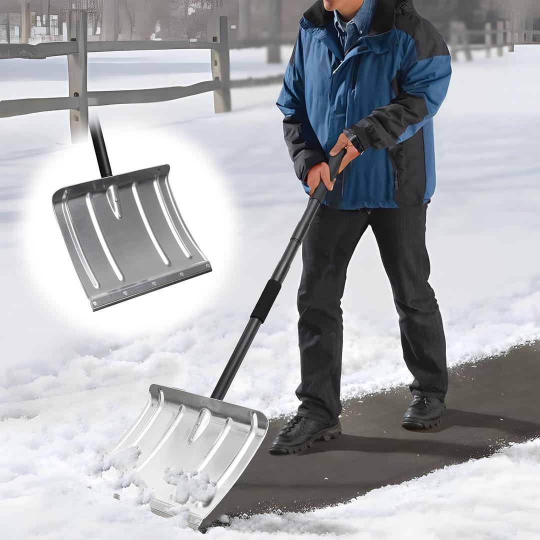 Snow Shovel with Metal Strip, Heavy Duty 16 Wide Aluminum Metal Snow Shovel Pusher for Driveway,Lightweight Emergency Car Snow Shovels for Walkway,Decking,Deck, Driveway