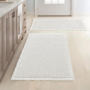 MIULEE Set of 2 Waffle Bathroom Rugs, Boho Bath Rugs Non Slip Washable, Super Absorbent Bath Mats, Ultra Soft Rubber Backed Shower Mats for Bathroom Floor, Tub and Shower, White, 20x32 Inch