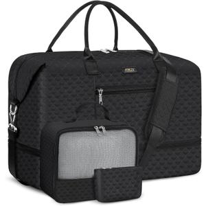 Weekender Bag for Women, Travel Duffel Bag Carry On Overnight Bag with Shoe Compartment Large Nylon Travel Weekend Tote Bag (9a-black)