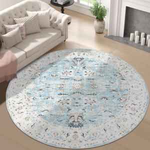 jinchan Round Rug 6ft Area Rug - Washable Boho Vintage Floral Circle 6' Round Floor Cover Lightweight Low Pile Thin Throw Non-Slip Carpet for Kitchen Living Room Bedroom Dining Room Office Light Blue (Distressed Blue Multi)