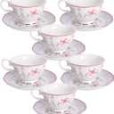fanquare Pink Rose Tea Cup and Saucer Set for 6, British Vintage Afternoon Cup Set, Porcelain Coffee Cup with Gold Border, 5 oz