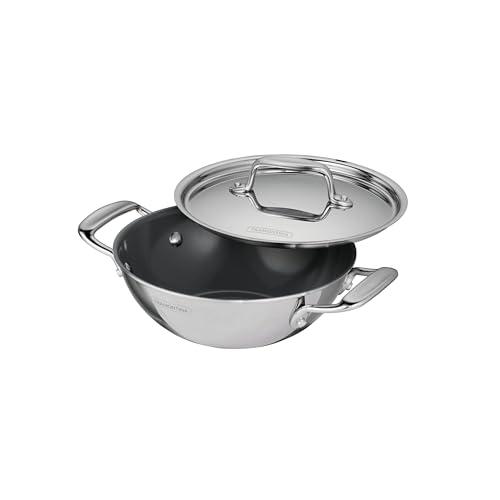 Tramontina Utsava Tri-Ply Clad Stainless Steel 1.8-Quart Kadai with Lid and Ceramic Non Stick Interior, Induction-Ready Small Kadhai Pot for Indian Cooking