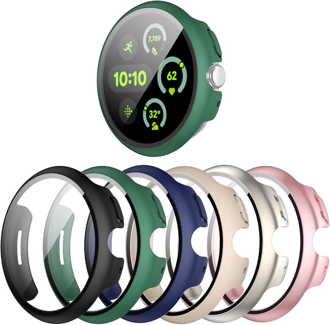 [6-Pack] Case for Google Pixel Watch 3 45mm (2024 New), Hard PC Shockproof Bumper Cover with Tempered Glass Screen Protector for Google Pixel Watch 3 45mm (Black/Green/Dark Blue/Starlight/Pink/Rose Gold)