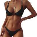 ZAFUL Women's Ribbed O-Ring String Bikini Swimsuit Cheeky Thong Swimwear Two Pieces Bathing Suit S