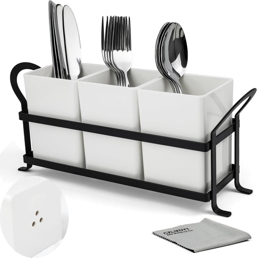 Cutlery Holder with Drain Holes, Silverware Caddy for Party Countertop, 3pcs Bins Set Utensil Caddy Organizer for Spoon and Fork, White