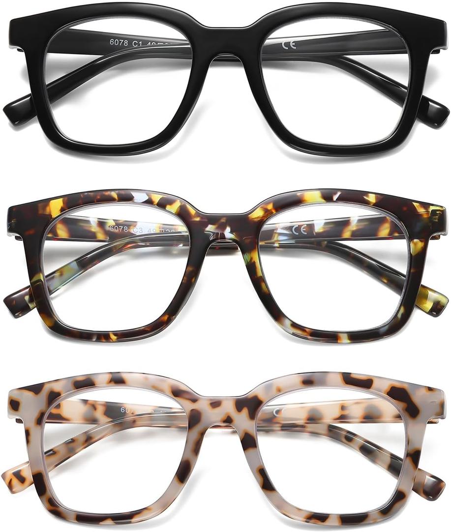 Reading Glasses For Women Blue Light Blocking Square Computer Reader Stylish Unbreakable Large Eyewear LK6078 (C1black+c2grey Tortoise+c3blue Quartz)