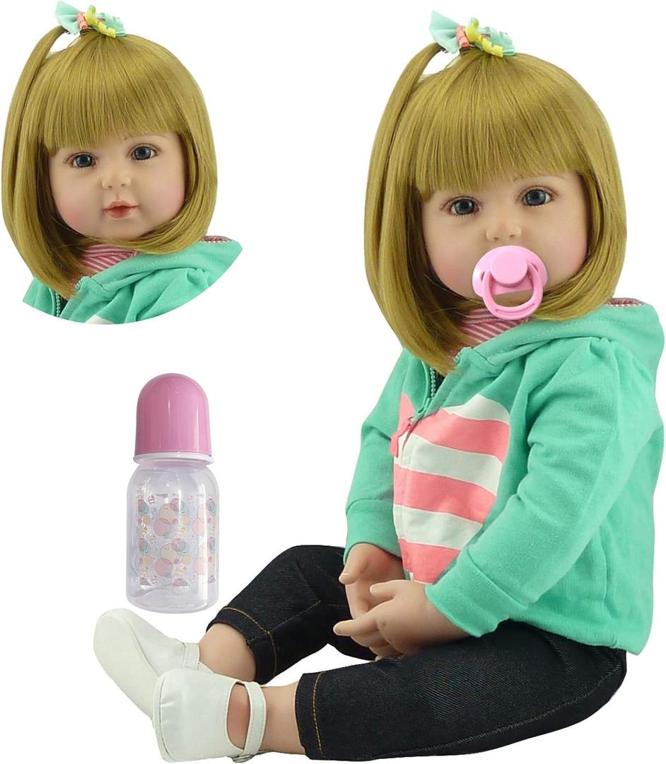 iCradle Lovely Reborn Baby Girl Doll 18 inch 45 cm Soft Silicone Realistic Looking Newborn Vinyl Dolls Handmade Toddler Toy for Ages 3+ (Green Outfit Cloth Body)