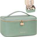 Prite Makeup Bag, Large Capacity Portable Travel Cosmetic Bag, Waterproof Makeup Organizer for Women with Handle and Divider (001 Green)