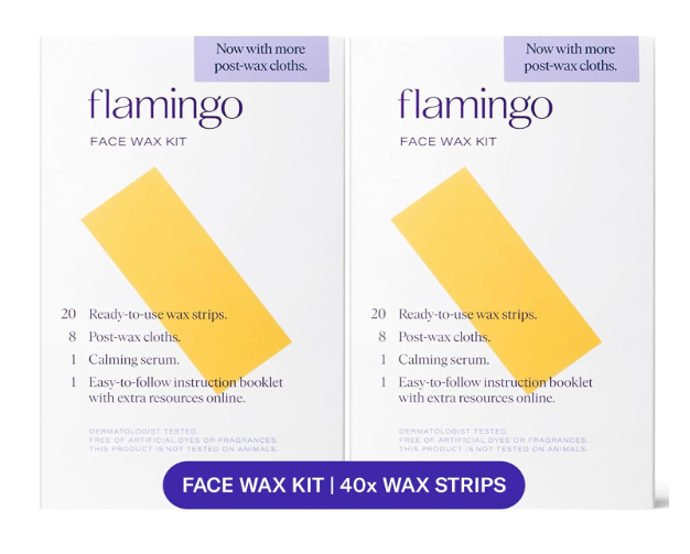 Flamingo Women Face Waxing Kit, Facial Waxing Kit with 20 Wax Strips for Face, 8 Post-Wax Cloths, and 1 Post-Wax Serum, Pack of 2