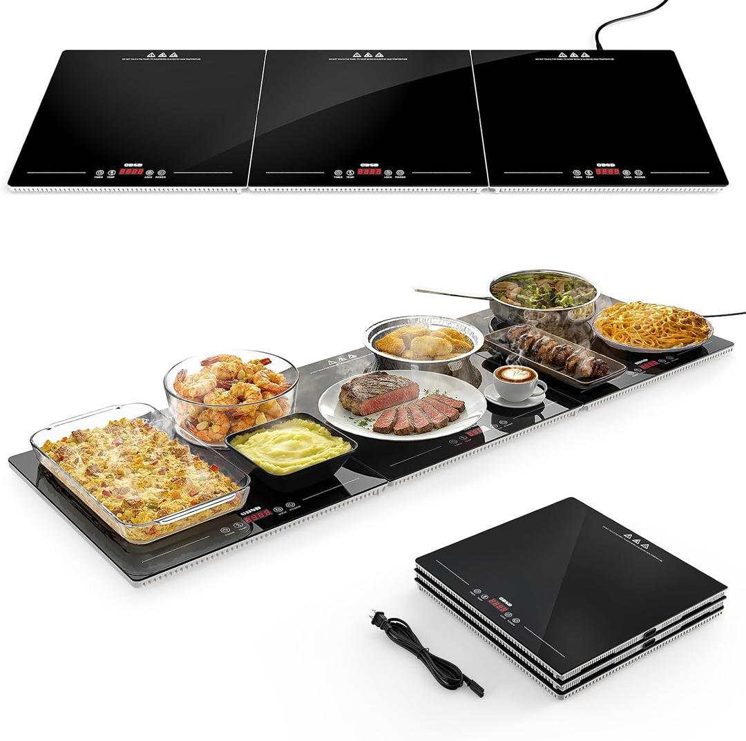 ODSD Food Warmers for Parties Buffet, 47"x15" Extra-Long Warming Mat for Food3-in-1 Electric Warming Tray with Independent Temp Control, Multi-Surface Protection (Not for Glass)