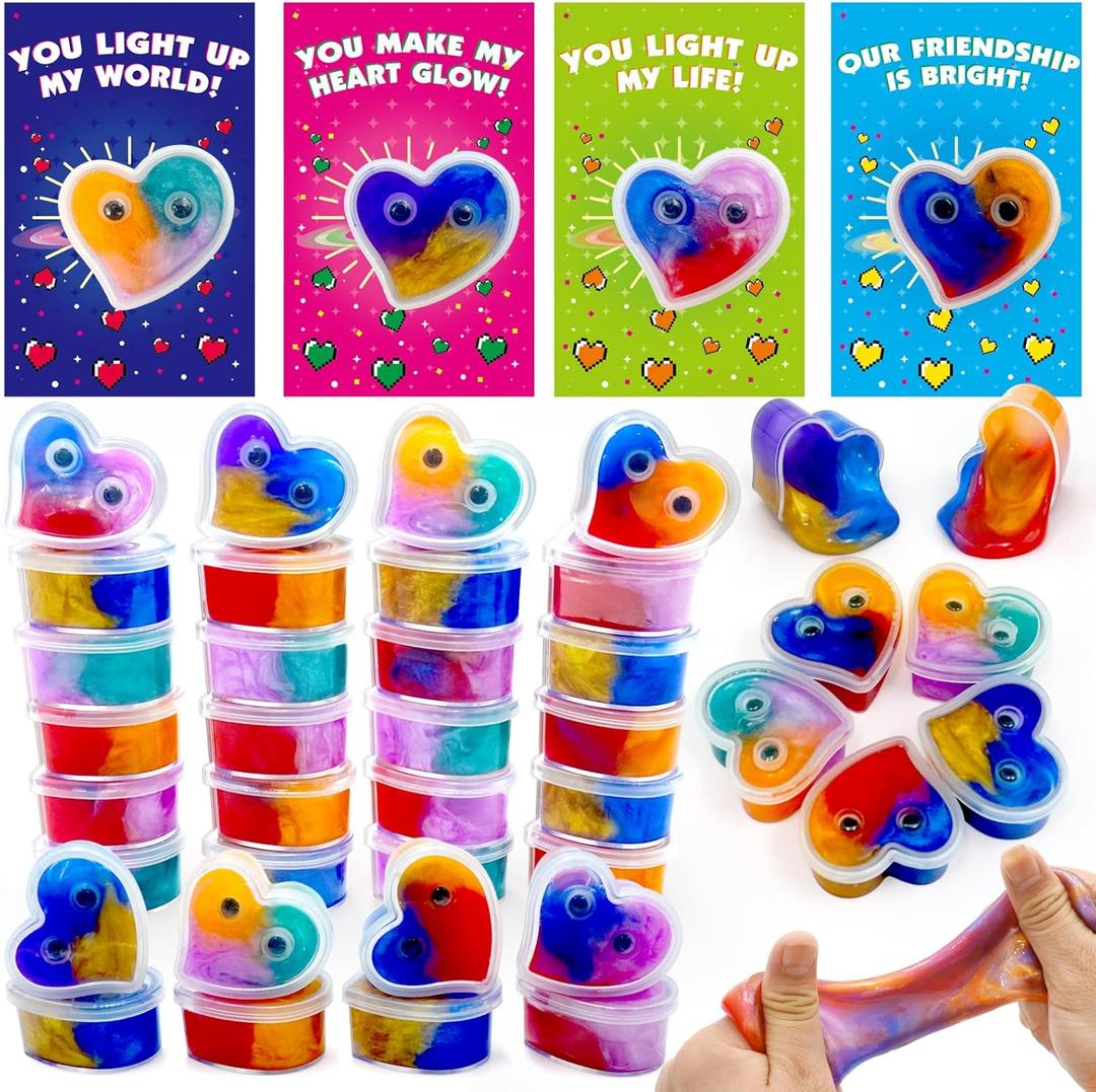 28 Packs Valentines Day Gifts for Kids, Valentines Galaxy Hearts Slime with Valentines Cards Stress Relief Fidget Toy for Kids Boys Girls School Classroom Prizes Party Favors Valentine Exchange Gifts