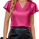 Blooming Jelly Womens Silk Dressy Casual Business Blouse Ruffle Sleeve Tops Summer V Neck Pleated Work Shirts, L