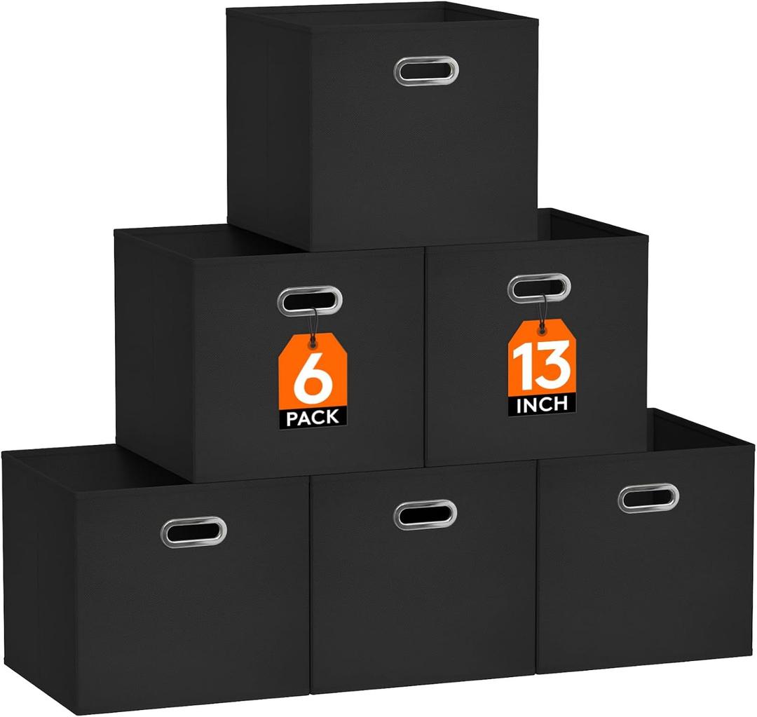 Lifewit 13 Inch Cube Storage Bins, 6 Packs Cube Storage Organizer, Foldable Decorative Fabric Storage Baskets for Organizing Home Organizers with Metal Handles for Shelves, Closet, Black