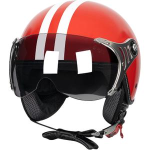 3/4 Motorcycle Helmets Retro Open Face Vespa Scooters Helmet with Clear Visor for Men and Women- DOT Approved (Medium, Red White Line)