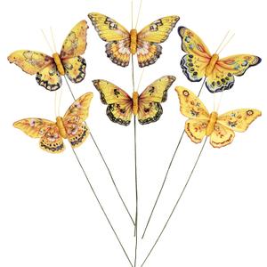 Berfutall-Artificial Feather 3D Butterfly Party Decorations Set of 12 with Wire 6 Color Yellow Series Ornaments for Home Decoration
