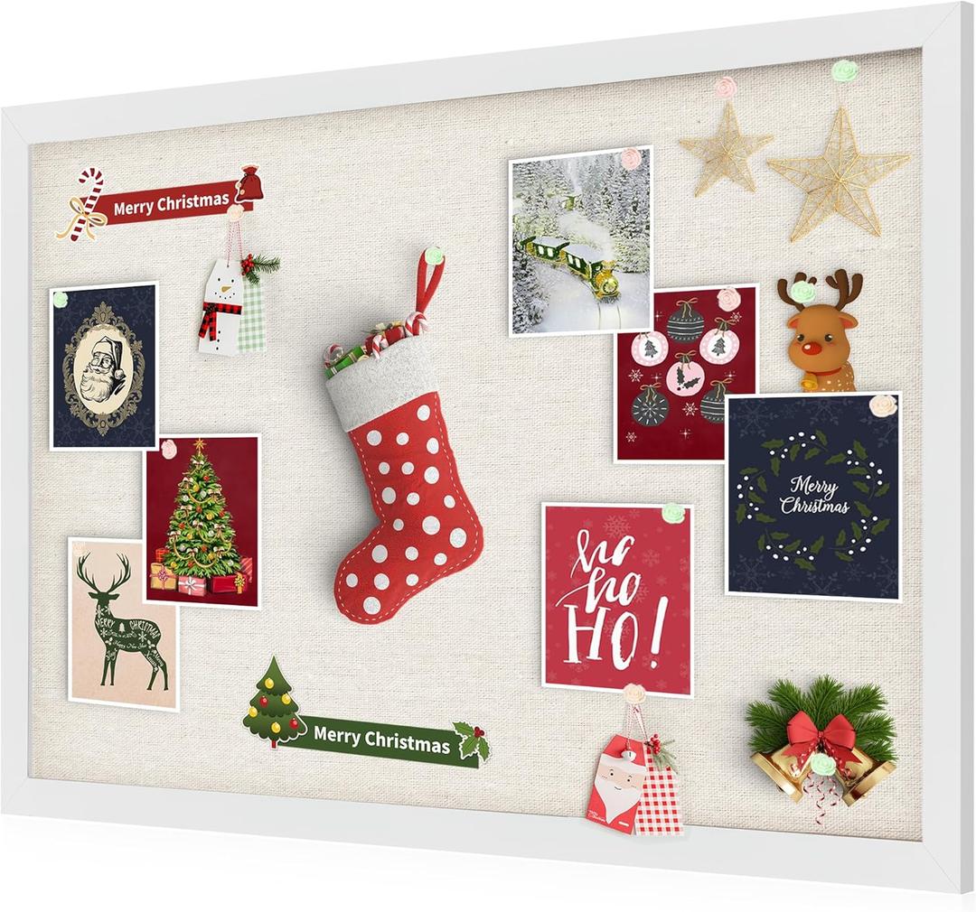 Cork Board Bulletin Board 18" x 24", Large Linen Corkboards with Frame for Walls, Cute Picture Display Pin Board Vision Board for Room School Office Bedroom 20 Pushpins Vintage White (24"x18"-1 Pack)
