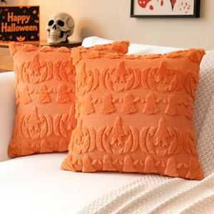 Pack Of 3 Artscope Halloween Pillow Covers 16 x 16 Set of 2 Decorative Ghost Holiday Pumpkin Throw Pillow Cases Soft Plush Faux Fur Couch Cushion Case for Farmhouse Halloween Sofa Bed Room Home Decor-Orange