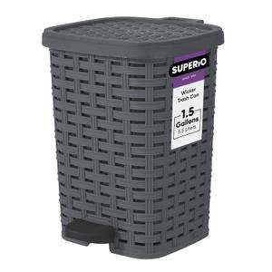Superio Small Outdoor Trash Can with Lid for Dog Poop 1.5 Gallon/6 L Mini Plastic Garbage Can with Foot Pedal for Bathroom, Bedroom, Office, Patio, Wicker Grey (Gray)