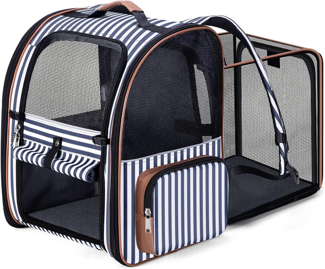 Lekebobor Extra Large Cat Backpack Carrier Expandable Pet Carrier Backpack for Small Dogs Medium Cats Fit Up to 18 Lbs, Dog Backpack Carrier, Foldable Puppy Backpack Carrier for Travel, Hiking, Striped