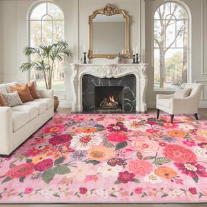 Pink Area Rugs 9x12 Living Room Washable Rug Non Slip Floral Low Pile Large Rug for Living Room, Bedroom, Farmhouse, Dining Room, Kids Playroom(9 x 12, Pink Garden)