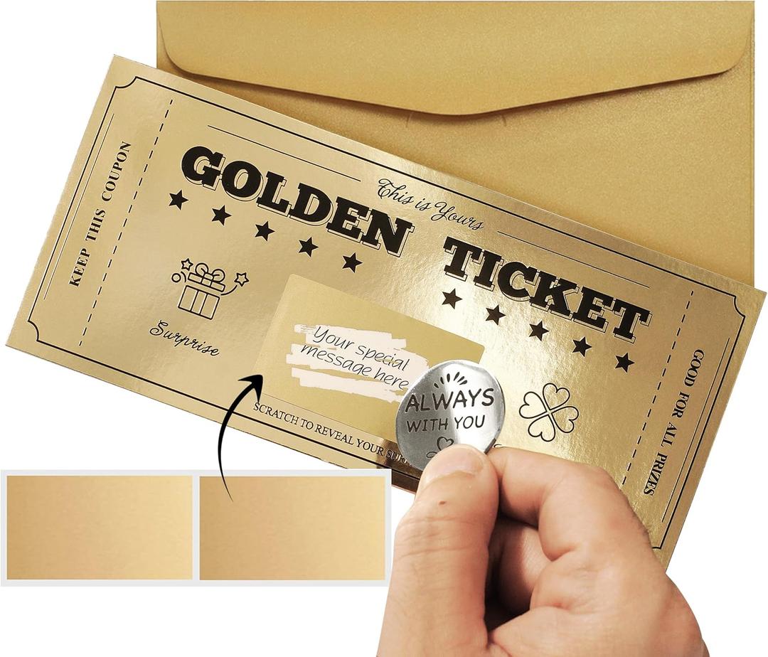 Golden Ticket With Lucky Coin, Scratch Card With Envelope, Surprise Gift Reveal for Birthday, Wedding, Concert, Cinema Voucher, Raffle Gift for Kids, Women, Men