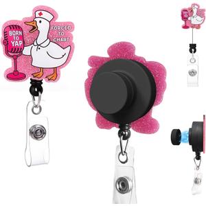 Magnetic Badge Holder Cute Pink Silly Goose Retractable Badge Reel, Funny Acrylic ID Card Clip for Nurses Doctors Social Worker