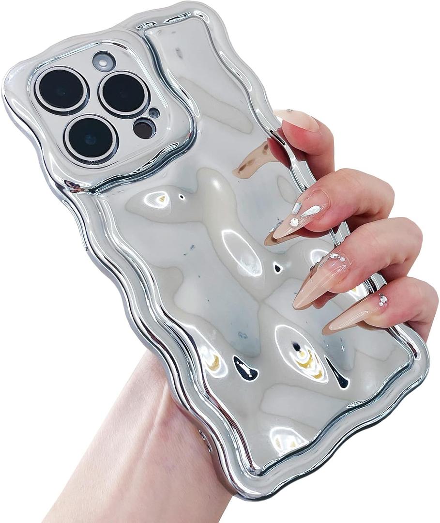 for iPhone 12 Case: Cute Stylish Glossy Bubble Wave Design, Silicone Women Girl Glitter Curly Wavy Aesthetic Protective Cover for iPhone 12 Phone Case, Shiny Silver