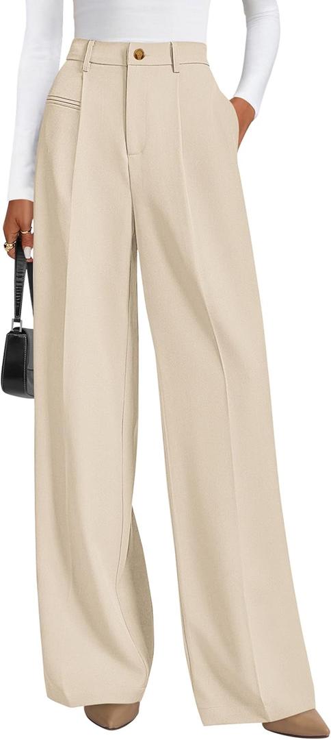 PRETTYGARDEN Womens Wide Leg Dress Pants 2026 Business Casual Flowy Work Palazzo Pants High Waisted Slacks Trousers (Large, Beige)