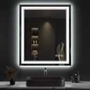 Lighted Mirror, 31x36 Inch Gradient Front and Backlit Bathroom Mirror, 3 Colors Dimmable CRI>90 Double Lights, IP54 Enhanced Anti-Fog, Hanging Plates Wall Mount