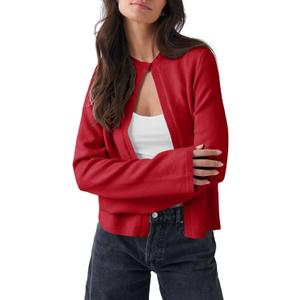 Saodimallsu Womens Lightweight Cardigans Open Front Long Sleeve One Button Casual Crewneck Loose Knit Shrug Sweater (Red)