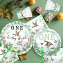 Mallard Duck 1st Birthday Decorations, One Lucky Duck Paper Plates 9'' and 7'', Napkins, Cups, 2Pcs Tablecloths, Banner, Cake Topper Duck Hunting Party Supplies Serves 24