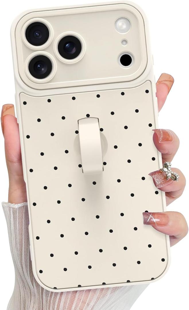KANGHAR Compatible with iPhone 17 Pro Max Case 2025, Silicone Spot Cute Pattern, Wristband Kickstand Camera Protection Soft Slim Cover for Girls Women -White