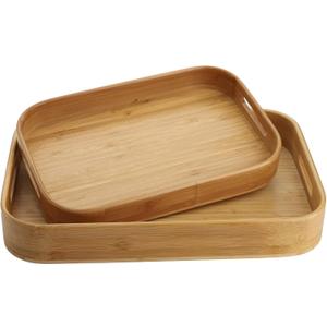 Dicunoy Set of 2 Bamboo Serving Tray, Solid Wood Breakfast Tray with Handles and Arc Angles, Large Size for Food, Dinner, Tea, Coffee, Bar, Parties, 15.6" L x 10.8" W /12.6" L x 8.5" W