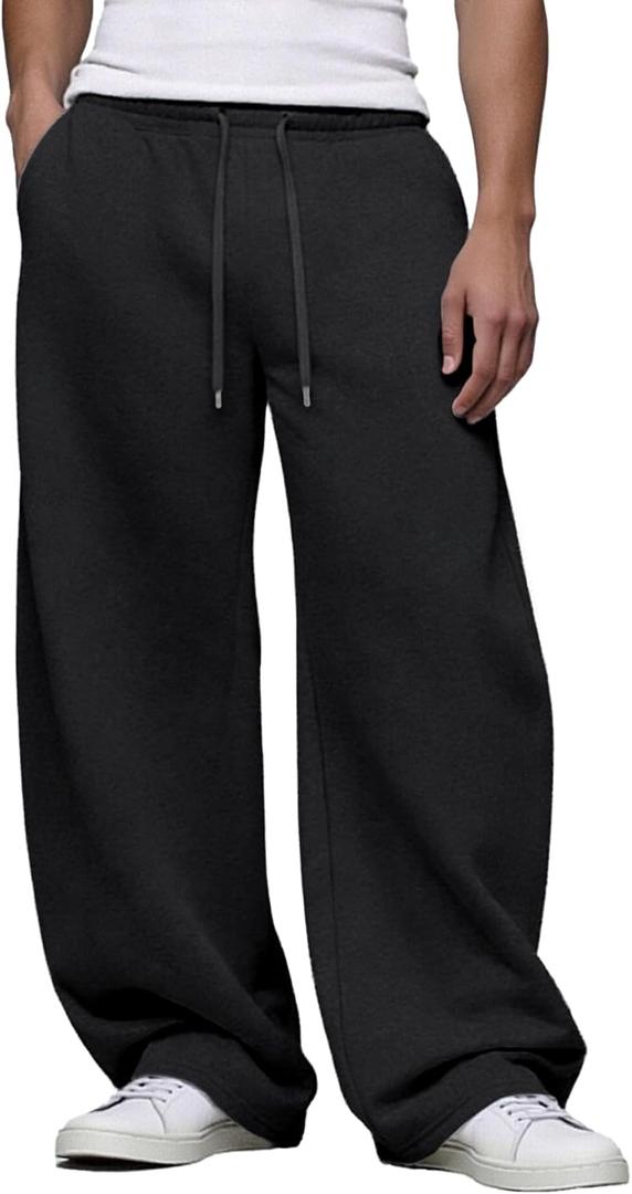 Susclude Mens Baggy Sweatpants Wide Leg Premium Lightweight Drawstring Pants Breathable Cotton Lounge Joggers with Pockets (Black), Size: S