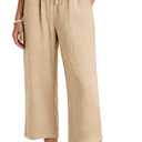 Makepid Women's Casual Capris Pants High Waist Pants Drawstring Loose Fit Summer Trousers with Pockets for Beach Vacation Khaki Medium